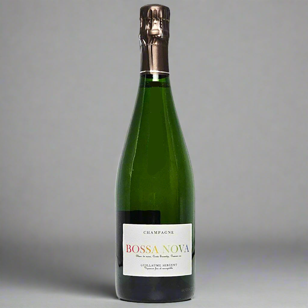 Guillaume Sergent Bossa Nova Blanc de Noirs – Premier Cru Champagne from Vrigny, crafted with Pinot Noir and Meunier, oak-aged, zero dosage, and Extra Brut.







